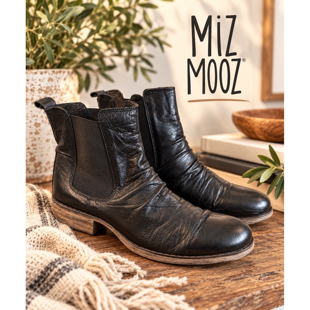 Miz Mooz Lissie Black Leather Ruched Chelsea Ankle Boots Womens 10 Portugal